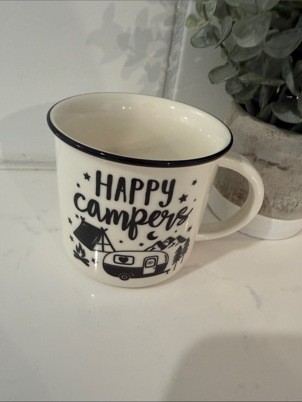 Happy Camper Ceramic Mug - Cream with Black Design